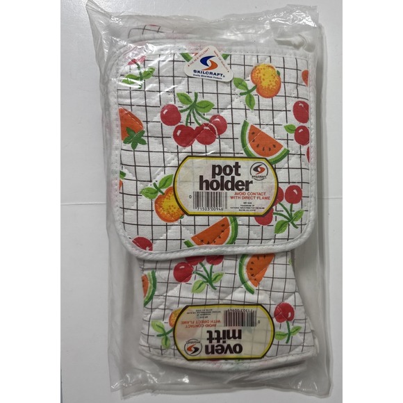 Vtg Skilcraft Fruit Oven Mitt Pot Holder Set 4pcs Vibrant Fruit Original Package - Picture 1 of 9